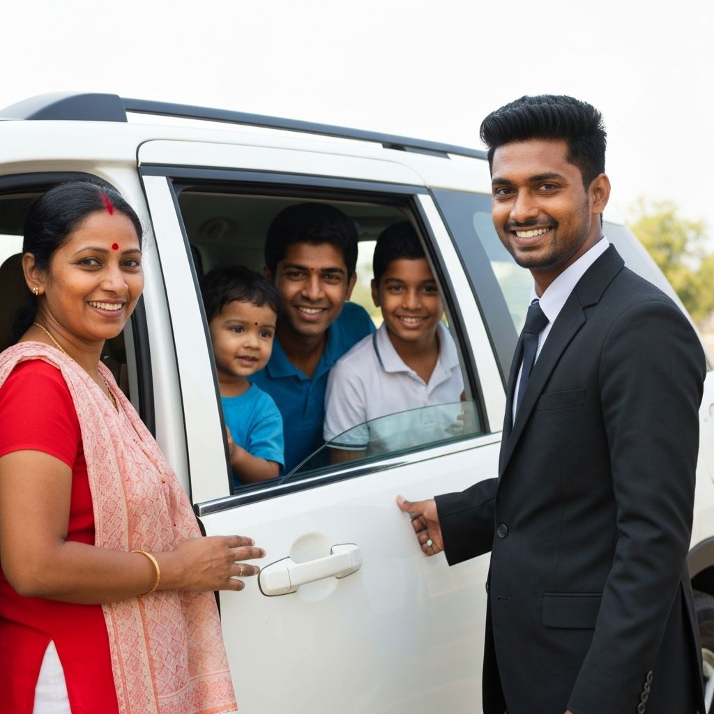 Happy customers with taxi